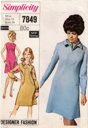 Simplicity 7849 Designer Womens A Line Dress with Front Seam Detail 1960s Vintage Sewing Pattern Size 12 Bust 34 inches UNCUT Factory Folded
