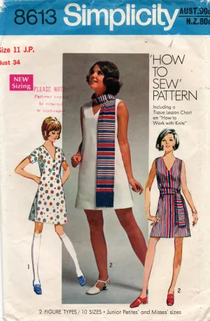 Simplicity 8613 Junior Petites V Neck Mini Shift Dress & Scarf 1960s Vintage Sewing Pattern Size 11 JP Bust 34 Inches