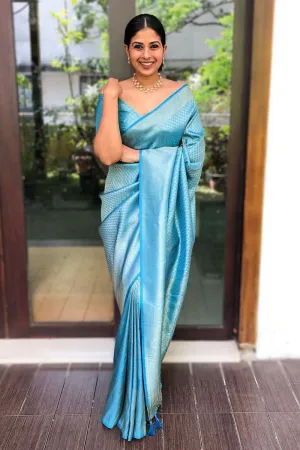 Sky Blue Banarasi Silk Saree With Weaving Work