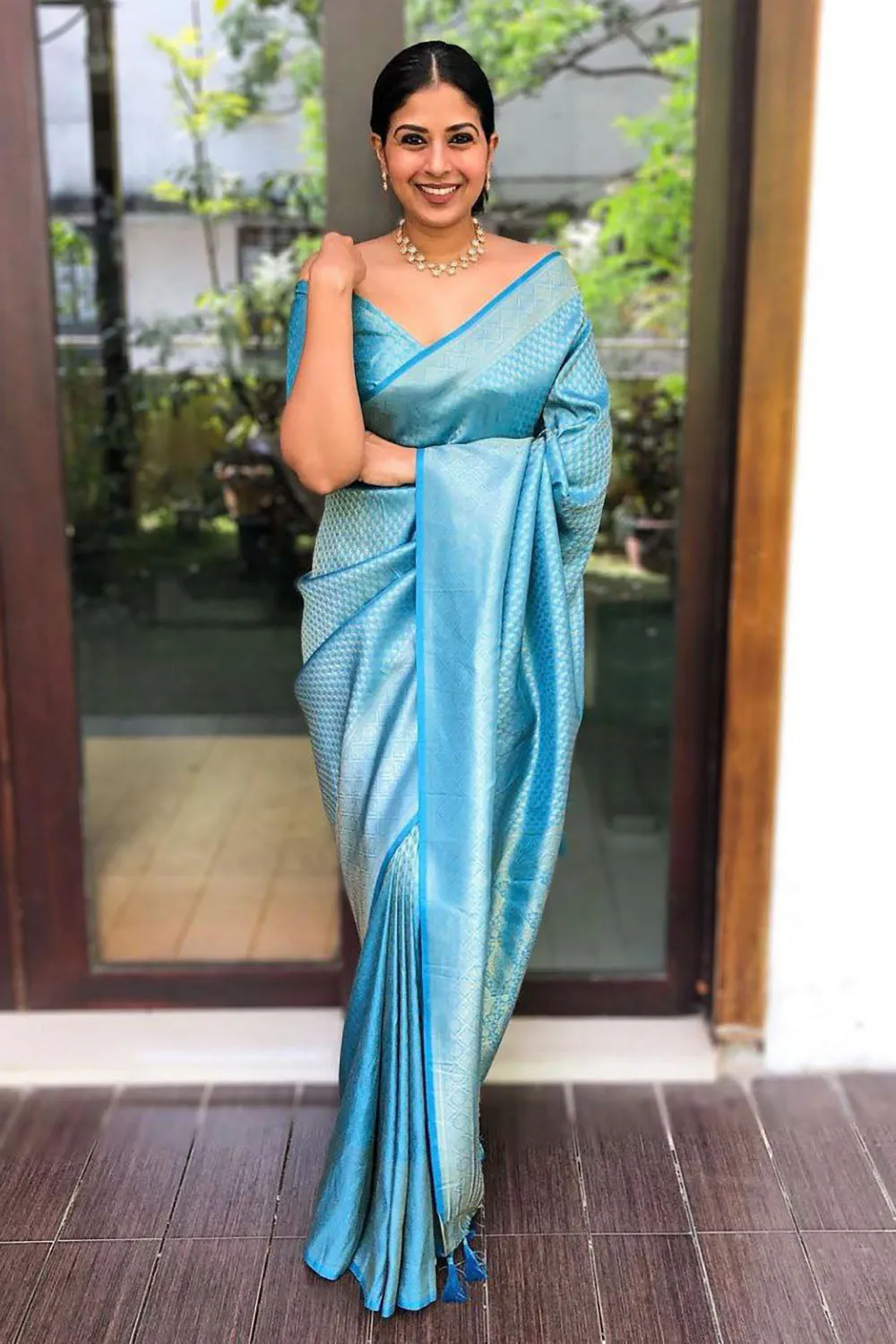 Sky Blue Banarasi Silk Saree With Weaving Work