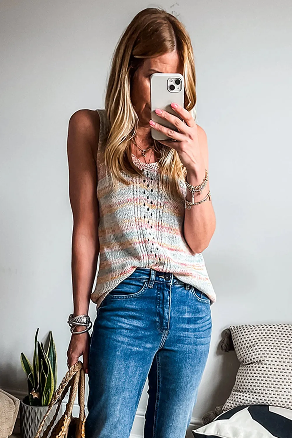 Sky Blue Stripe V Neck Eyelet Detail Sweater Vest
