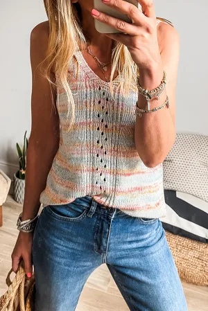 Sky Blue Stripe V Neck Eyelet Detail Sweater Vest