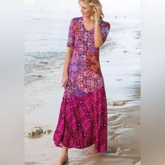 Soft Surroundings Mixed Media Geometric Print Boho Jersey Maxi Dress Size XL