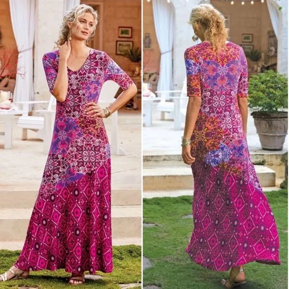 Soft Surroundings Mixed Media Geometric Print Boho Jersey Maxi Dress Size XL