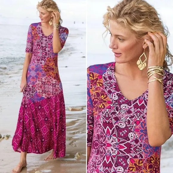 Soft Surroundings Mixed Media Geometric Print Boho Jersey Maxi Dress Size XL