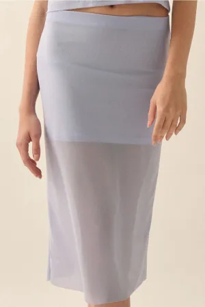 Solid Mesh Raw-Edge Hem Midi Pencil Skirt