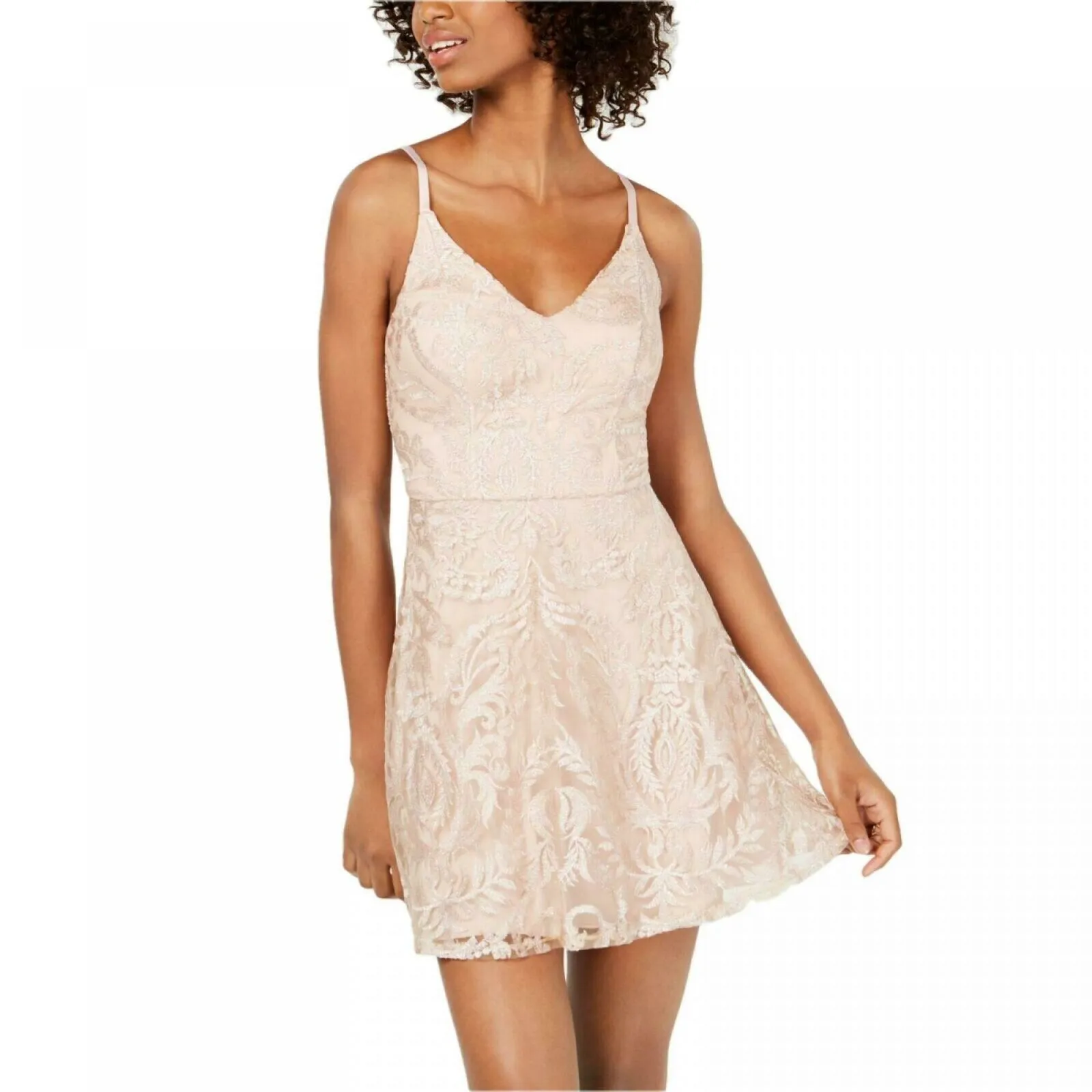 Speechless Women's Junior Fit Shimmer Embroidered Fit & Flare Dress Beige 5