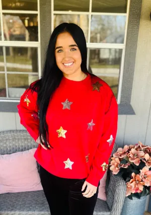 Star Sequin Sweater Red