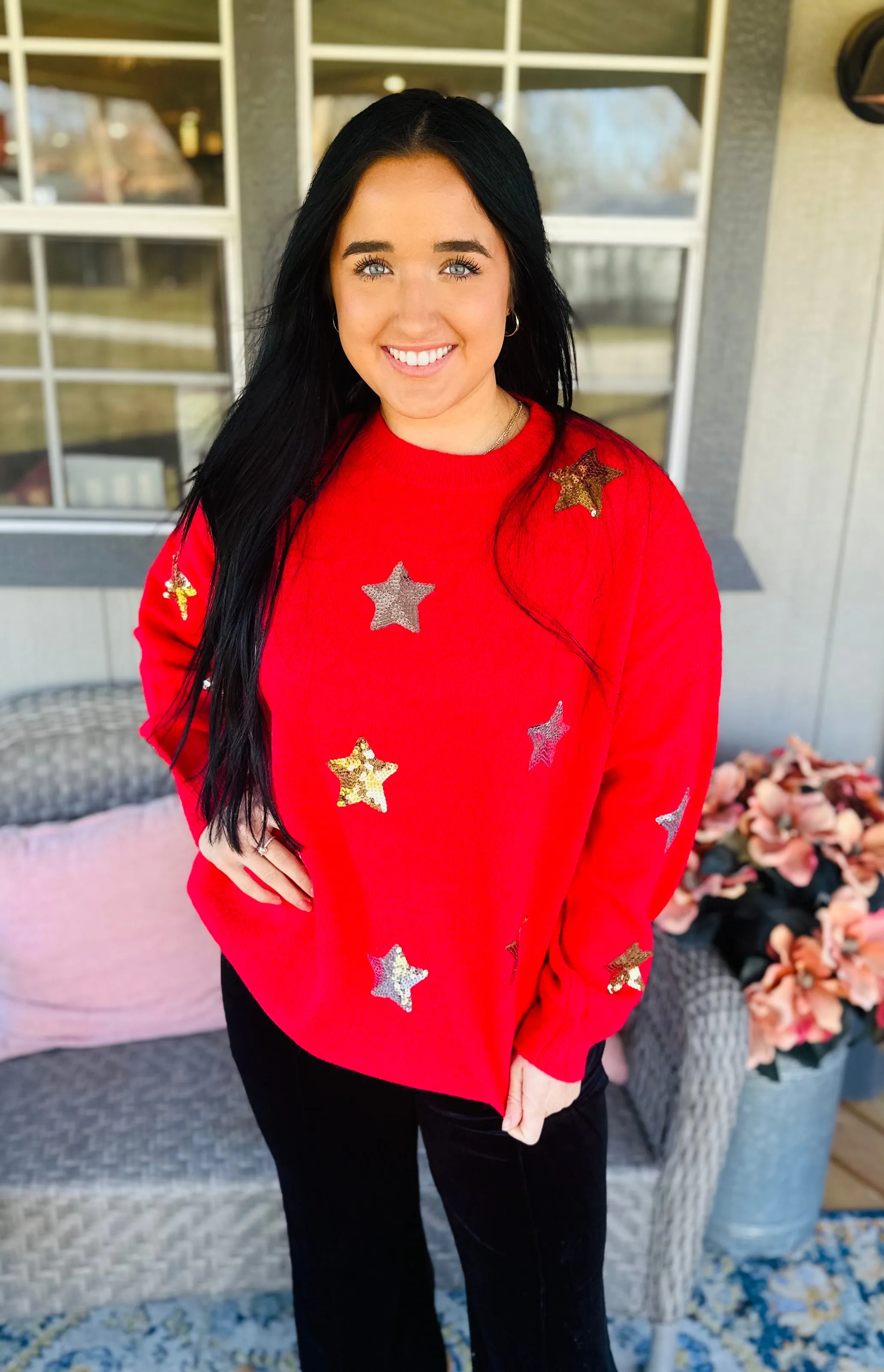 Star Sequin Sweater Red