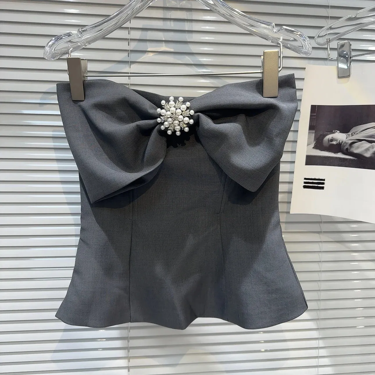 Strapless Pearls Buttons Bow Tank Top Suit