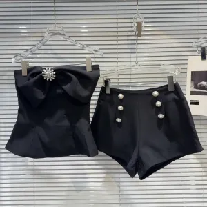 Strapless Pearls Buttons Bow Tank Top Suit