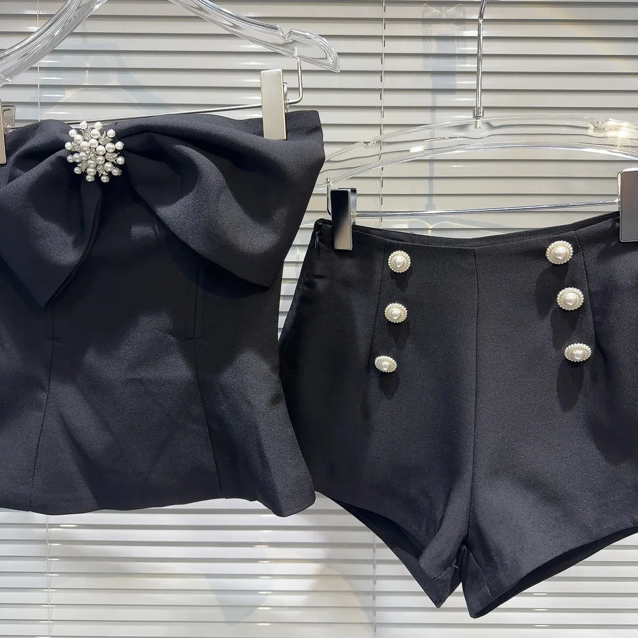 Strapless Pearls Buttons Bow Tank Top Suit