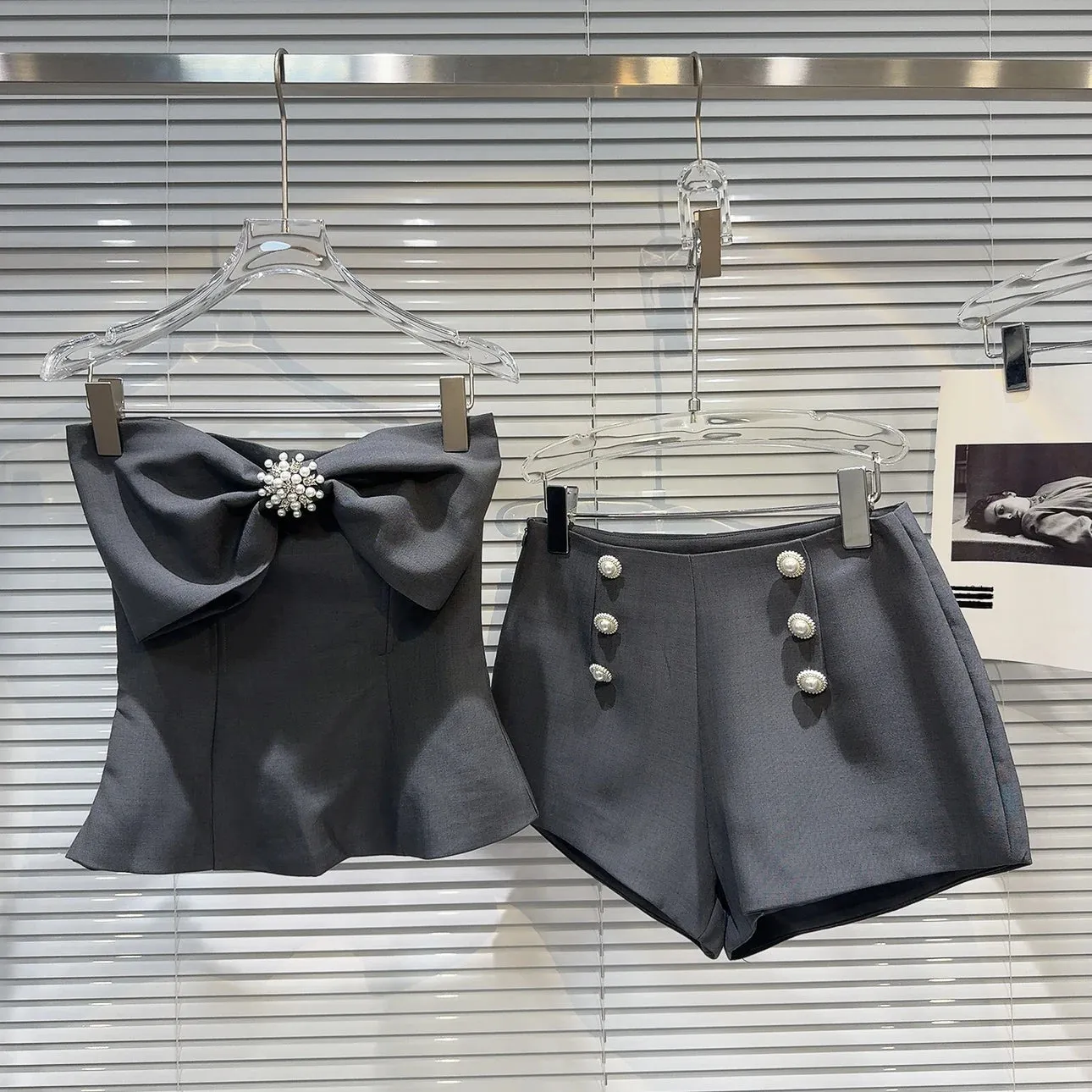 Strapless Pearls Buttons Bow Tank Top Suit