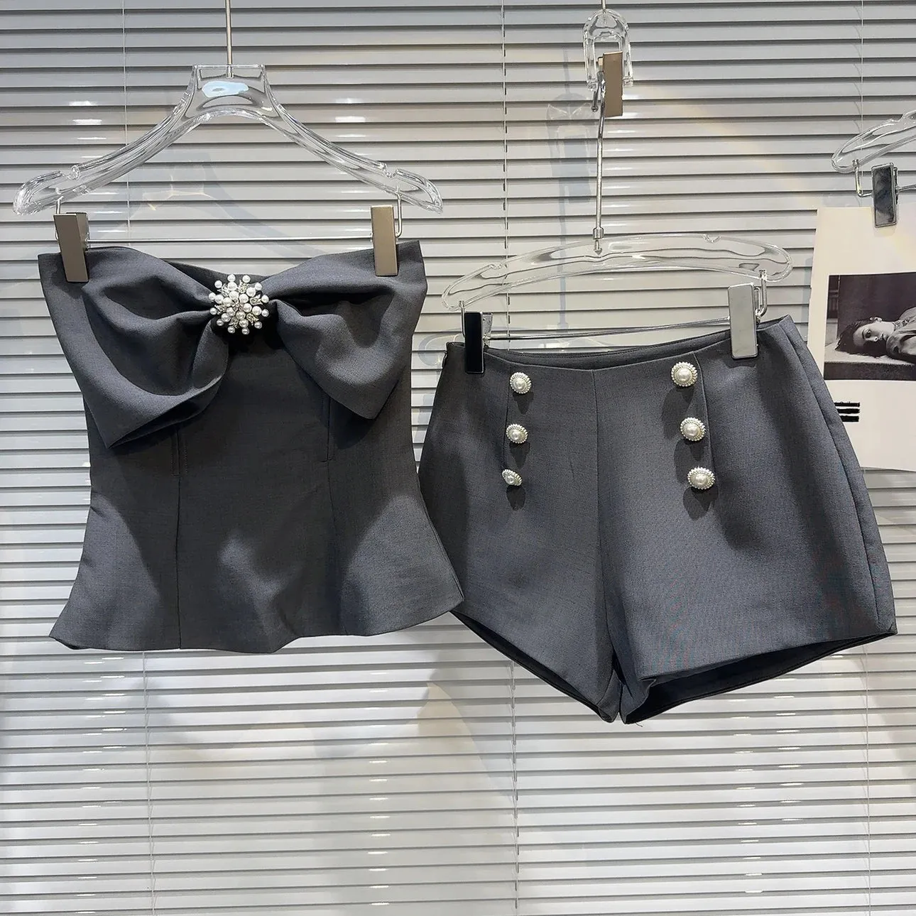 Strapless Pearls Buttons Bow Tank Top Suit
