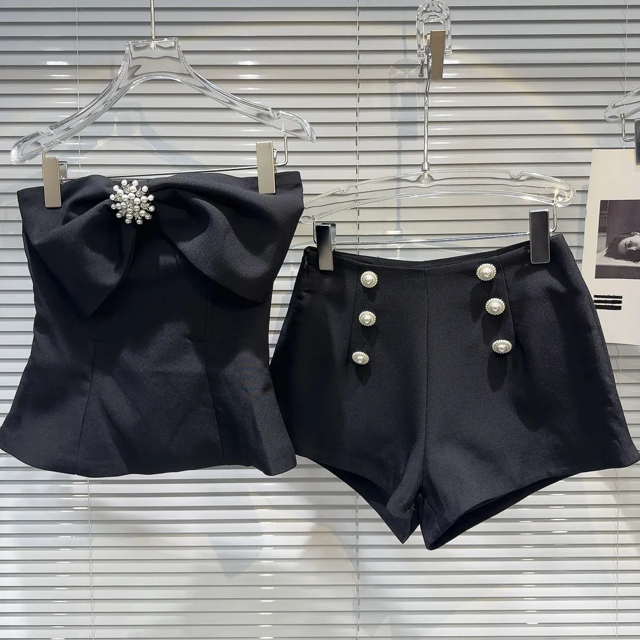 Strapless Pearls Buttons Bow Tank Top Suit
