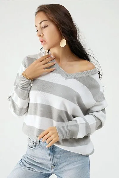 Striped V-Neck Long Sleeve Sweater