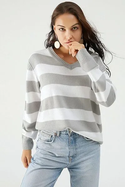 Striped V-Neck Long Sleeve Sweater
