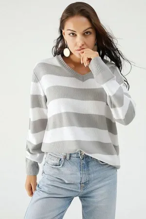 Striped V-Neck Long Sleeve Sweater