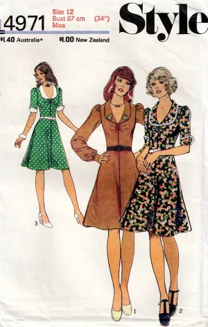 Style 4971 RARE Womens Fit & Flared Dress With Contrast Detail 1970s Vintage Sewing Pattern Size 12 Bust 34 inches