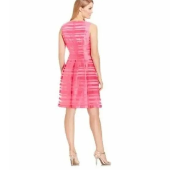 Tahari Pink Satin Striped Organza Fit &amp; Flare Women's Dress Size 8