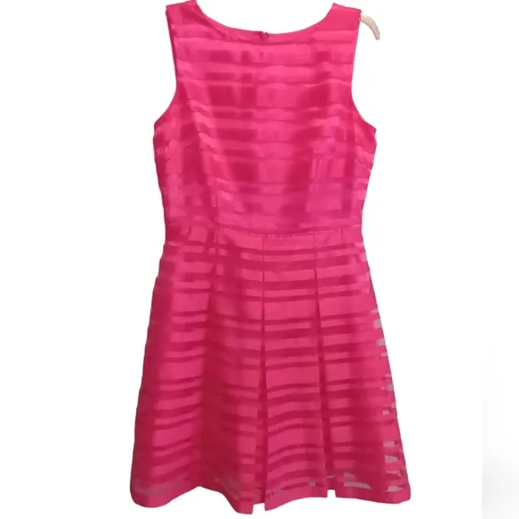 Tahari Pink Satin Striped Organza Fit &amp; Flare Women's Dress Size 8