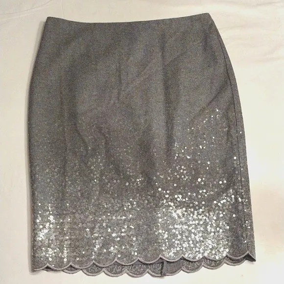 Talbots Wool Blend Sequined Pencil Skirt w/ Scallop Hem, Size 8, Gray/Silver NWT