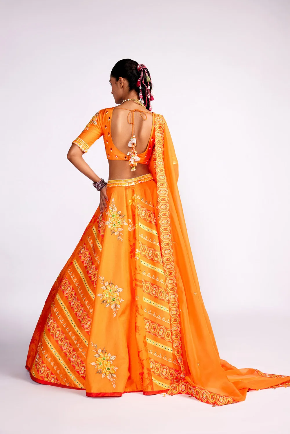 Tangerine Orange Printed And Embroidered Silk Lehenga Set