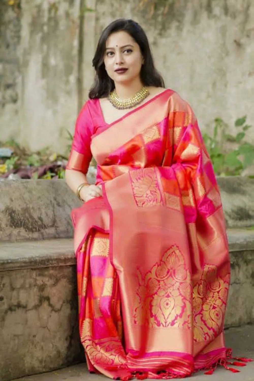 Tangerine Pink and Orange Checker Design Kanjivaram Silk Saree