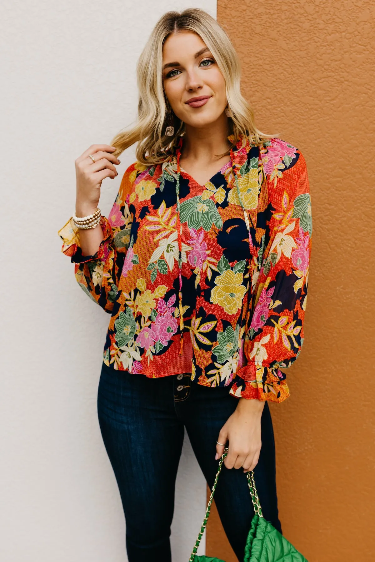 The Lizbeth Floral Ruffle Neck Peasant Blouse  - FINAL SALE