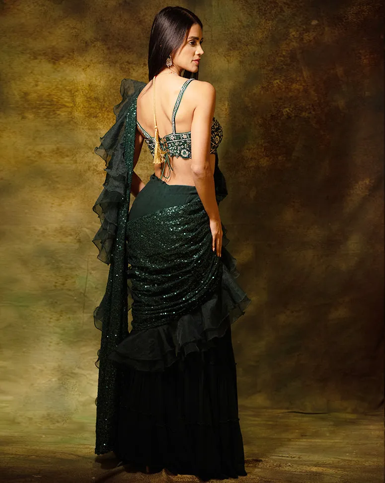 The Shimmering Green Sharara Sari
