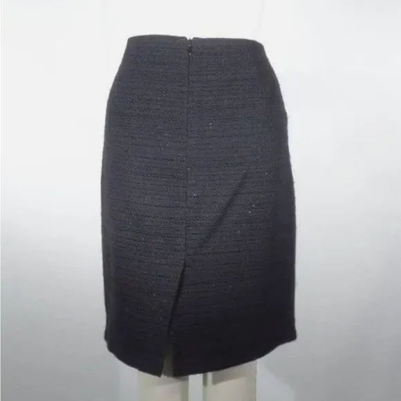 Theory Freida Black Tweed Pencil Skirt Sz. 8, Back Slit Knee Length EUC! $325RTL