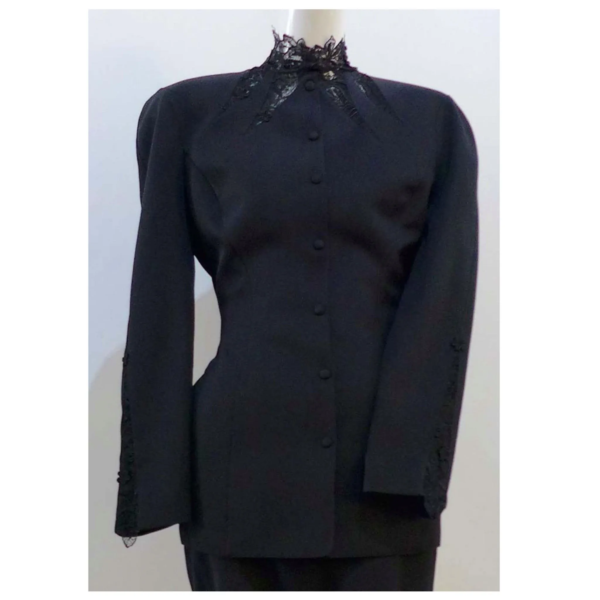 THIERRY MUGLER Black Skirt Suit With Lace Details Size 40
