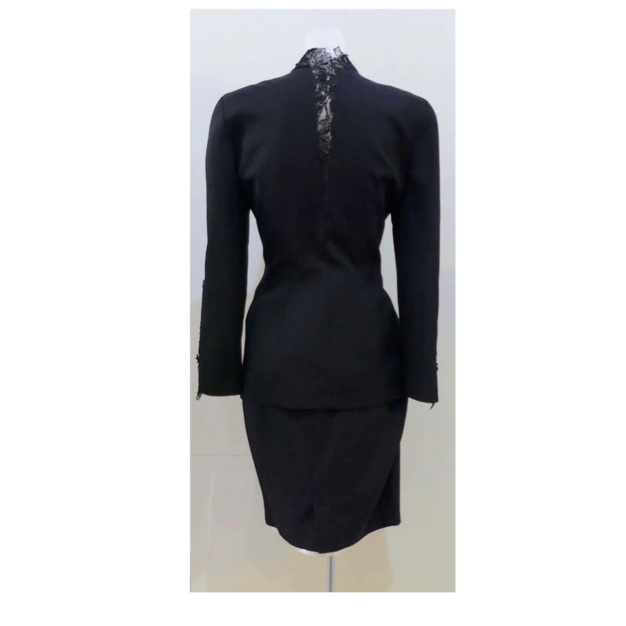 THIERRY MUGLER Black Skirt Suit With Lace Details Size 40