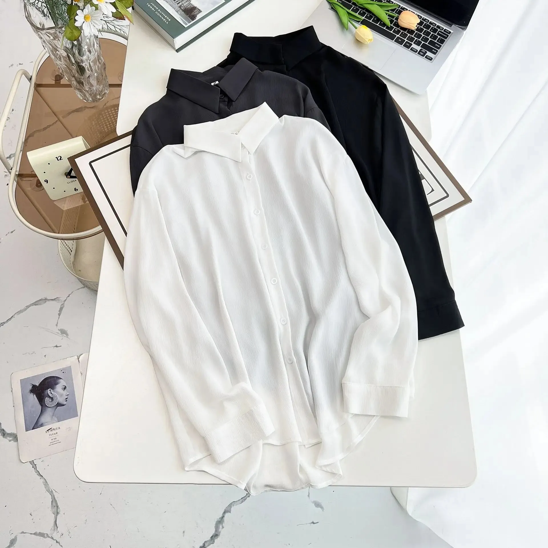 Thin Loose Casual Ice Silk Long Sleeve Blouse