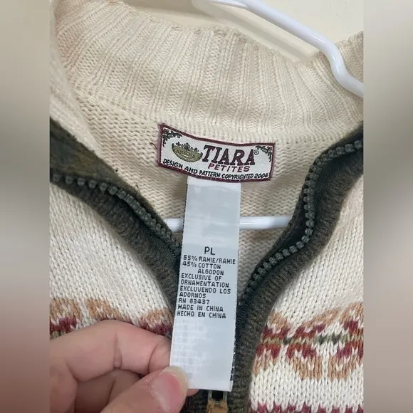 Tiara International Fair Isle MCM Mock Neck Sweater Grandma Sweater Full Zip