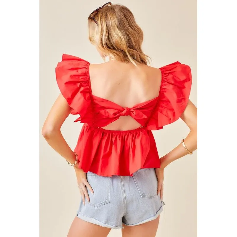 Tie Back Ruffle Sleeve Babydoll Top