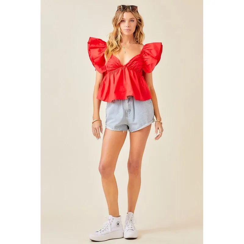 Tie Back Ruffle Sleeve Babydoll Top