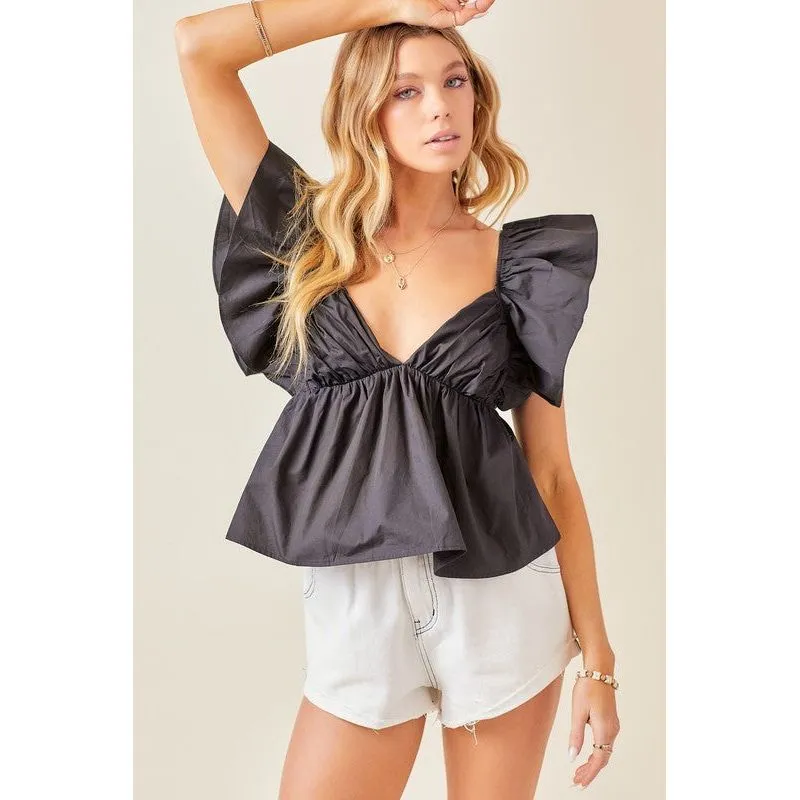 Tie Back Ruffle Sleeve Babydoll Top