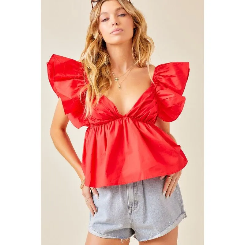 Tie Back Ruffle Sleeve Babydoll Top