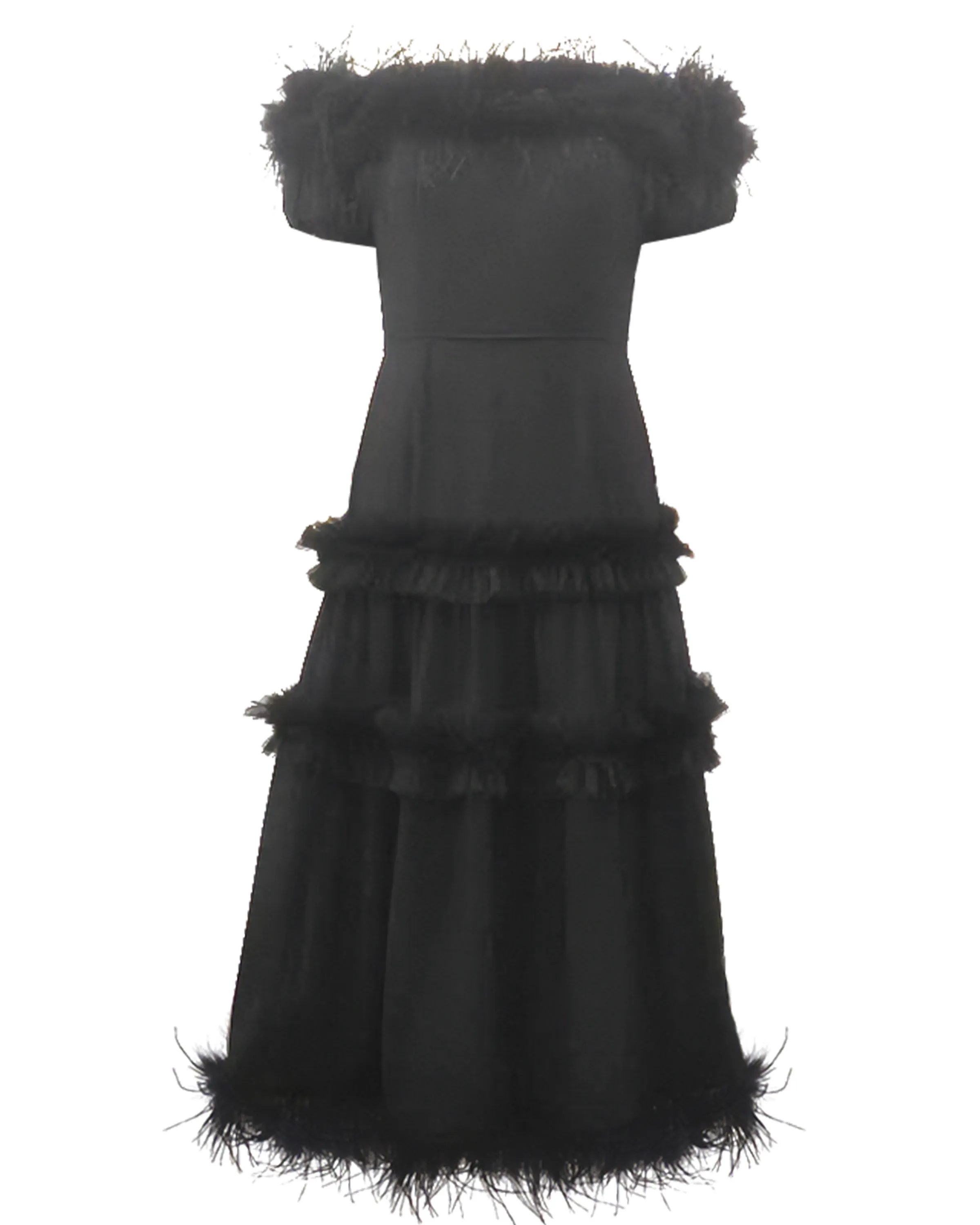 Tiered Ruffle and Feather Midi Dress