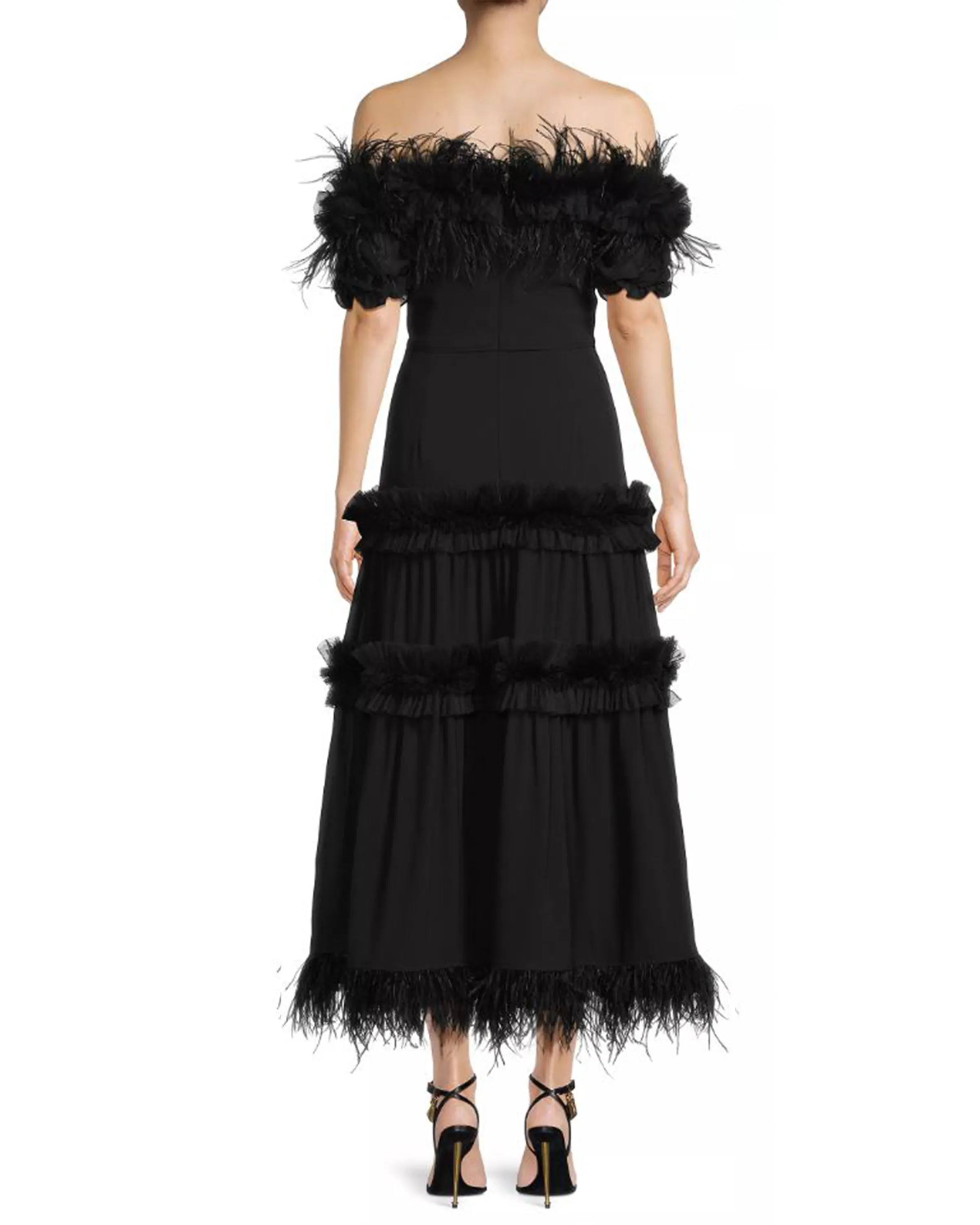 Tiered Ruffle and Feather Midi Dress