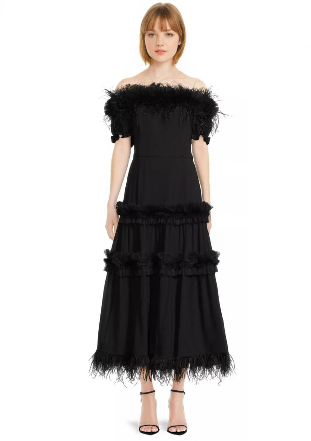 Tiered Ruffle and Feather Midi Dress