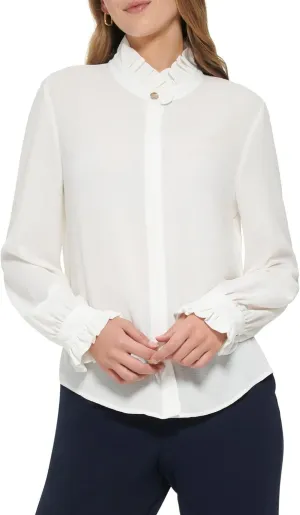Tommy Hilfiger Women's Long Sleeve Ruffle Front Blouse H28TC15A