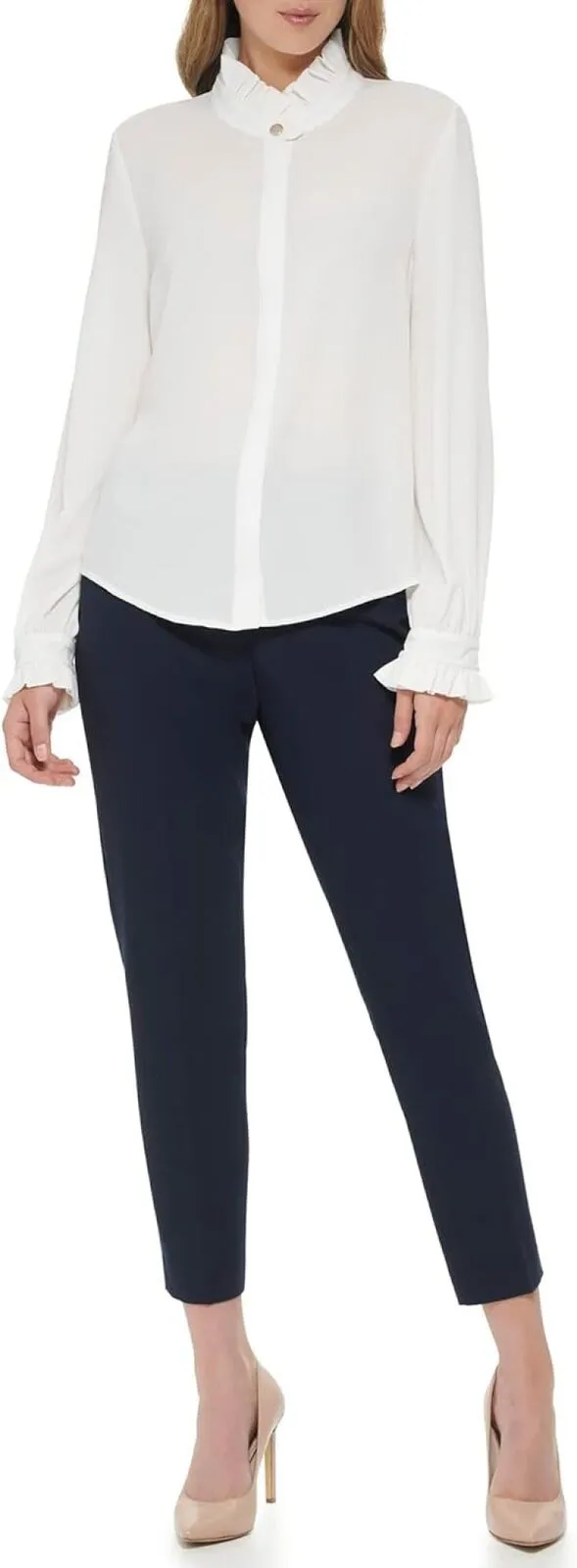 Tommy Hilfiger Women's Long Sleeve Ruffle Front Blouse H28TC15A