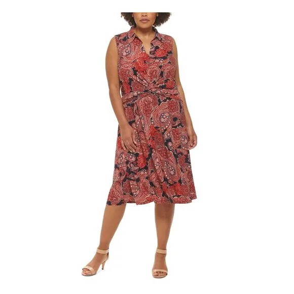 TOMMY HILFIGER Womens Navy Twist Front Sleeveless Midi Dress Plus 20W