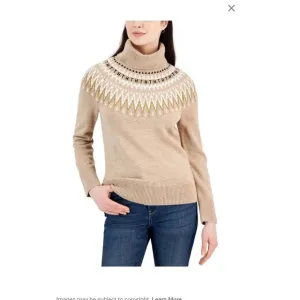 Tommy Hilfiger Women's Sweater Sz M Fair Isle Turtleneck Sweater Tan Brown NWT