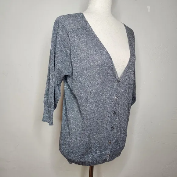 Tory Burch Metallic Silver Knit V-Neck Cardigan Sweater Size Large