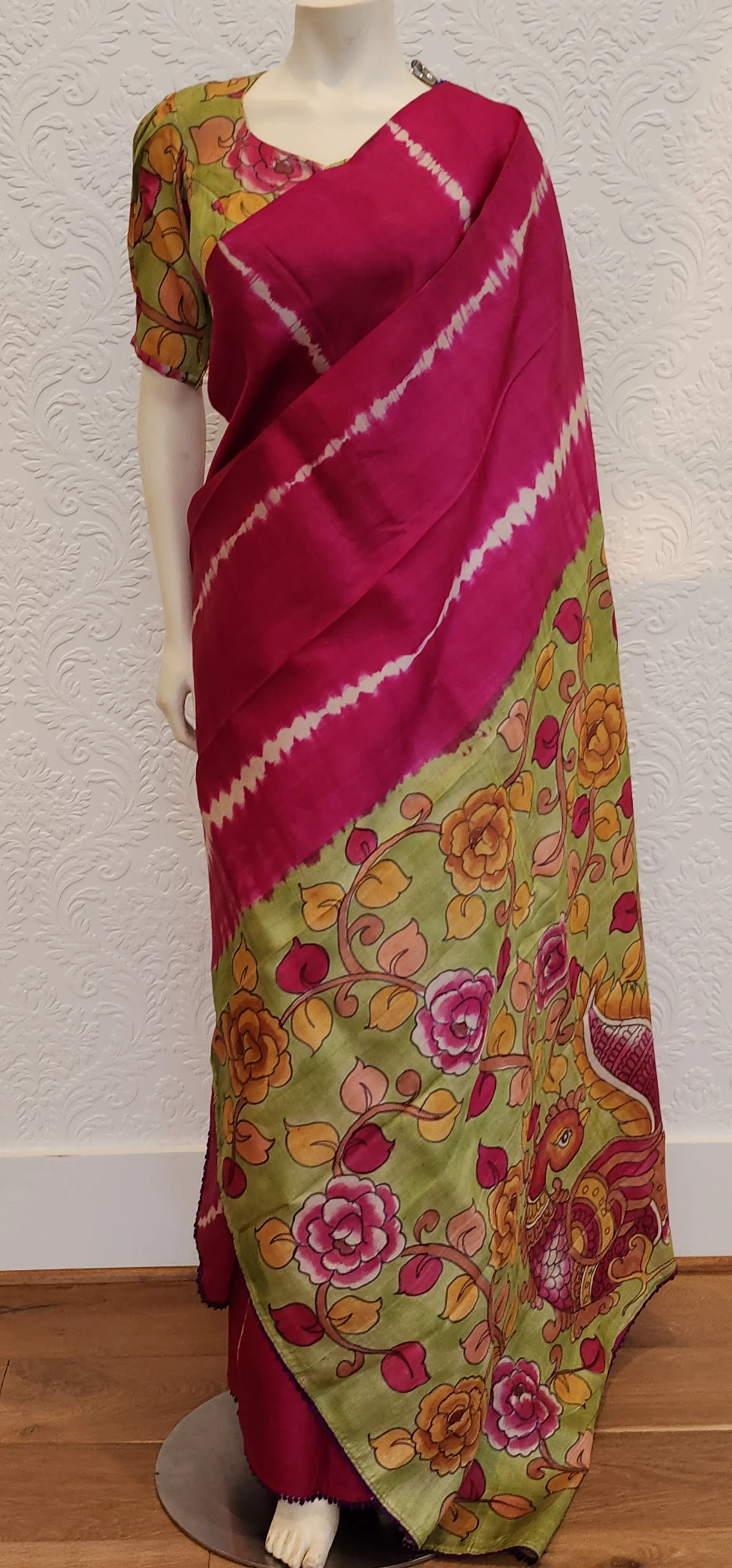 Tussar Saree With Kalamkari Pallu and Blouse.