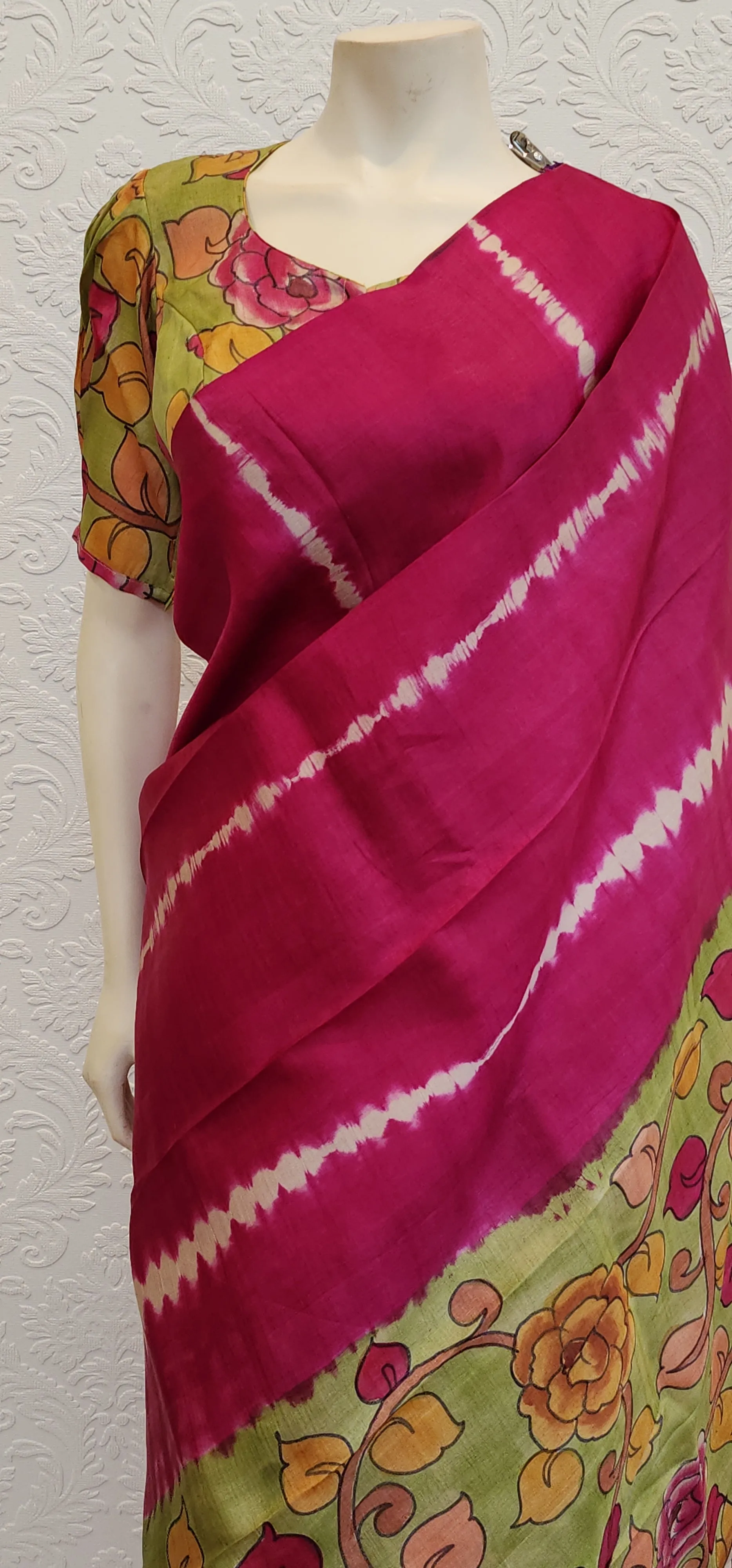 Tussar Saree With Kalamkari Pallu and Blouse.