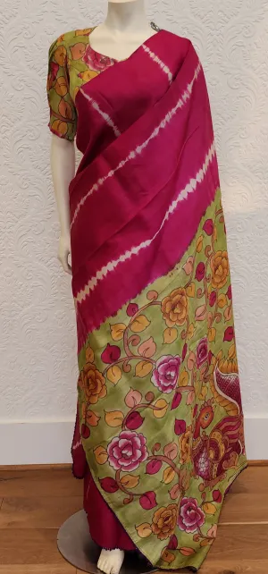 Tussar Saree With Kalamkari Pallu and Blouse.